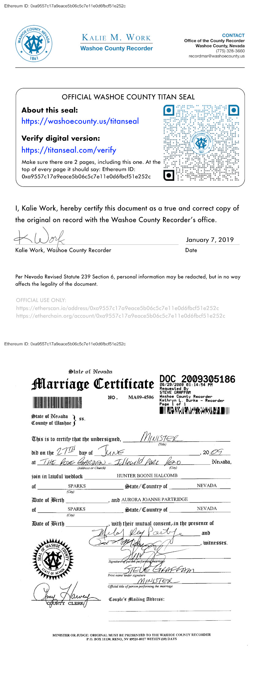 A sample of a Titan Sealed marriage certificate